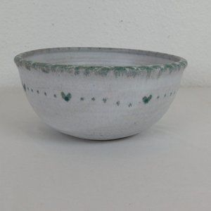 Handmade White Green Round Art Pottery Bowl Hearts Artist Signed 3.25" H x 7" D